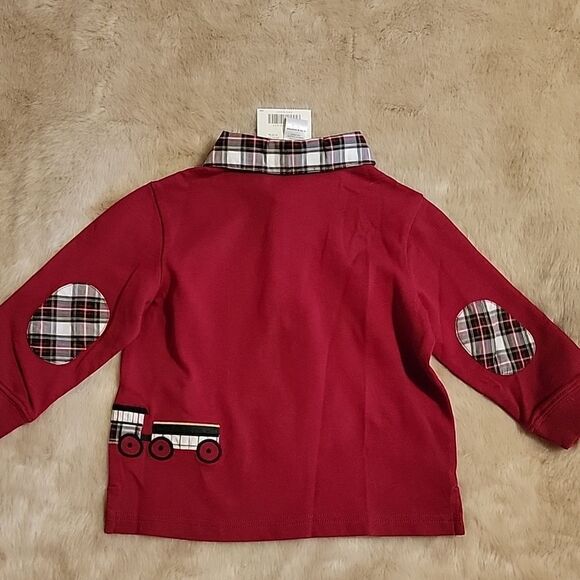 𝅺JANIE AND JACK RED LONG-SLEEVE POLO WITH TRAIN DESIGN AND TARTAN PLAID TRIM - Picture 9 of 9
